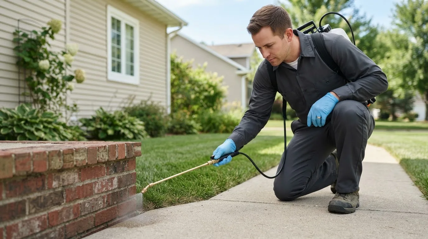 Pest control technician treating a home near Gillsville, GA